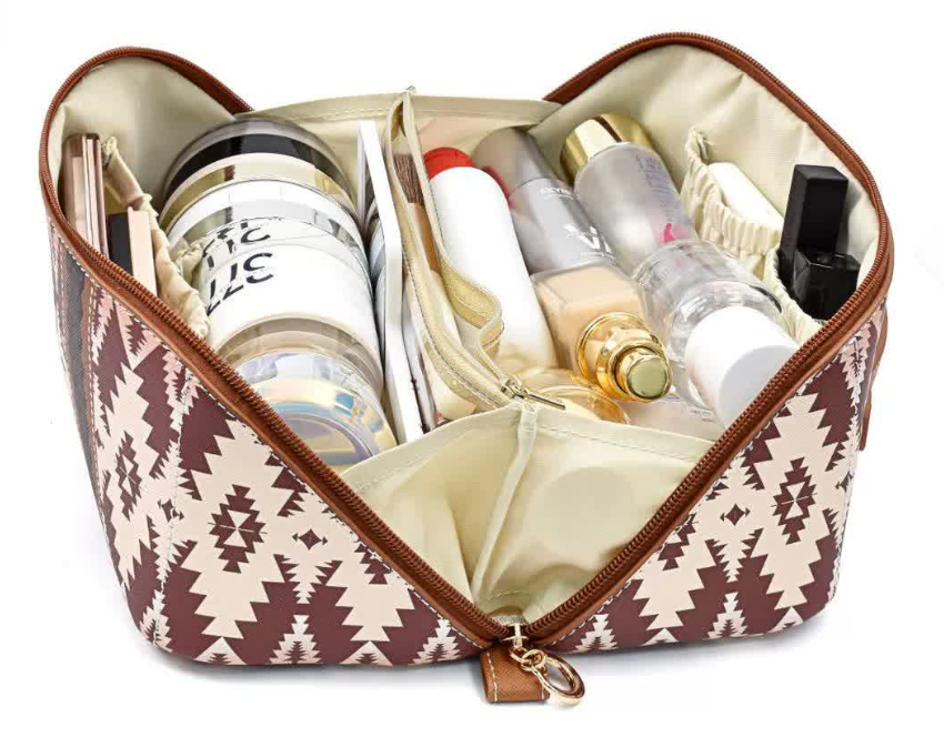 BOHO AZTEC BROWN ZIP AROUND WATERPROOF TOILETRY COSMETIC BAG