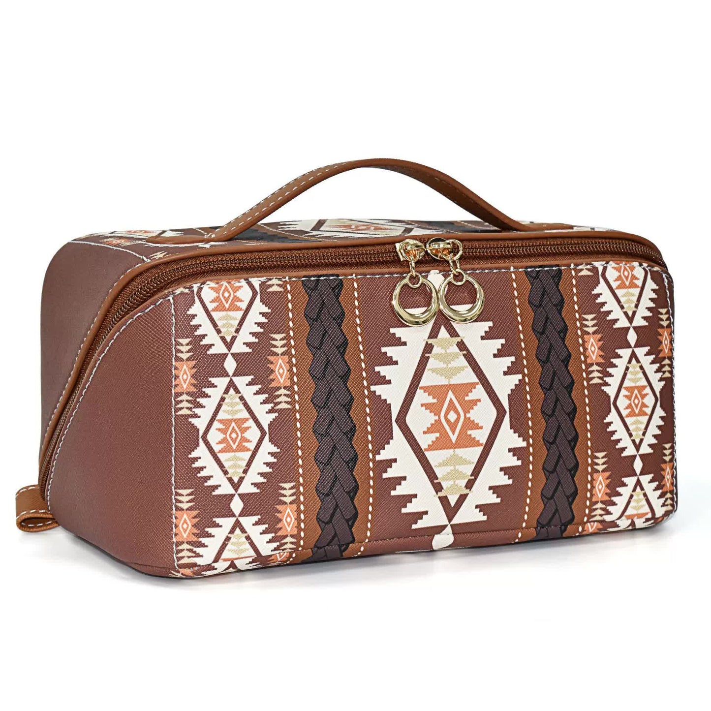 BOHO AZTEC BROWN ZIP AROUND WATERPROOF TOILETRY COSMETIC BAG