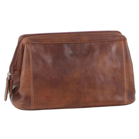 PIERRE CARDIN MENS RUSTIC LEATHER TOILETRY CASE - COGNAC