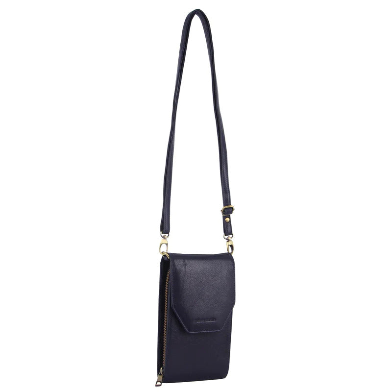 PIERRE CARDIN RFID LEATHER PHONE / WALLET CROSSBODY BAG - INDIGO