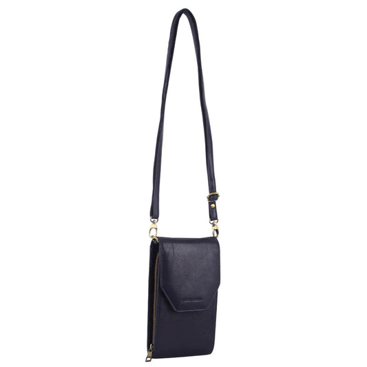 PIERRE CARDIN RFID LEATHER PHONE / WALLET CROSSBODY BAG - INDIGO