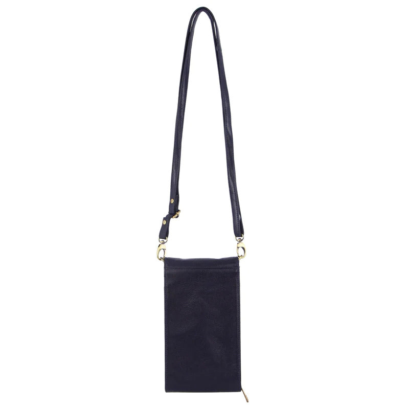 PIERRE CARDIN RFID LEATHER PHONE / WALLET CROSSBODY BAG - INDIGO